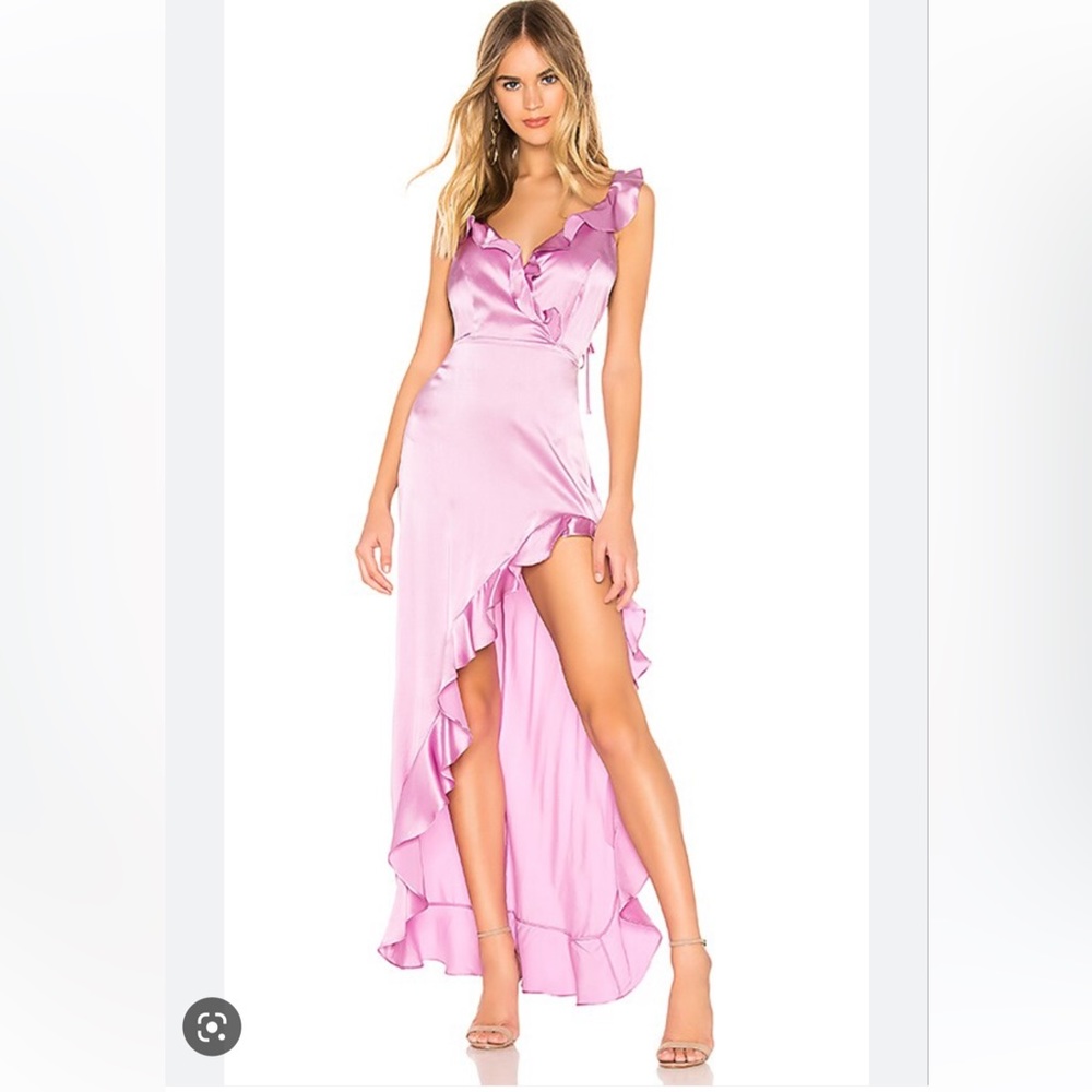Amanda Uprichard Chandelier 100% silk maxi dress electric lilac front leg ruffle